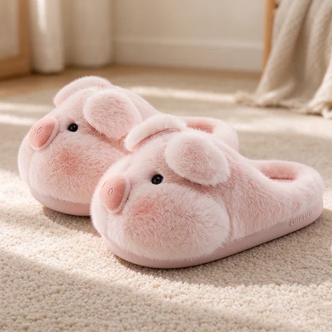 New Adorable Brown Pig Mules Shoes For Women Winter Cozy Indoor Slides Furry Slippers Ladies Piggy Home Shoes Cute Animal Sliper