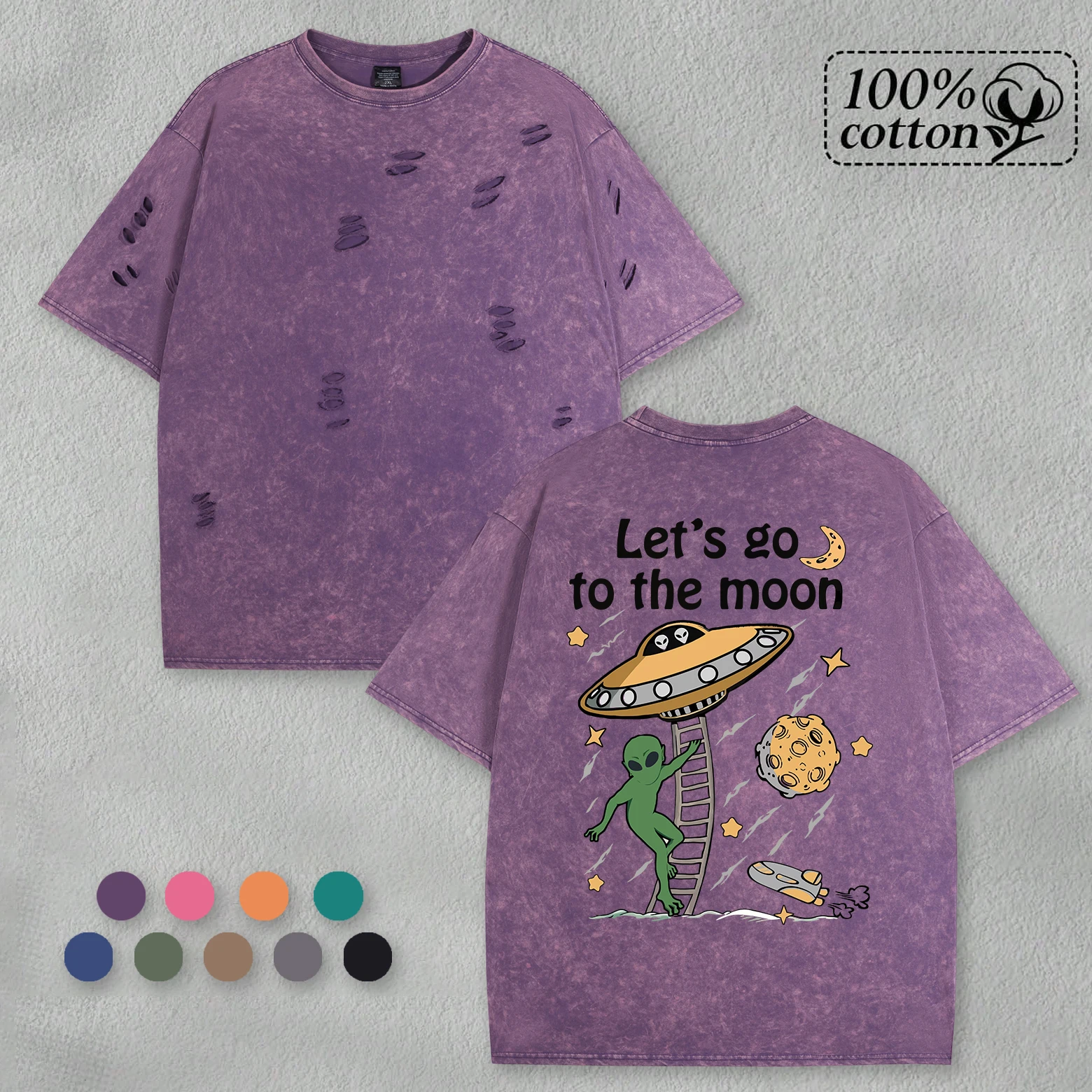 

Let'S Go To The Moon Washed Мужская футболка с отверстиями Летняя мягкая футболка с круглым вырезом Хлопок Креативный топ Модная уличная одежда Унисекс Повседневный топ