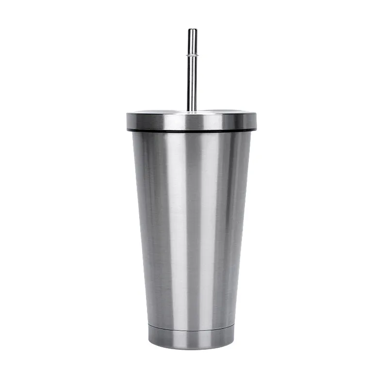 Straw thermos cup style double layer stainless steel with lid simple household buffalo milk juice cup