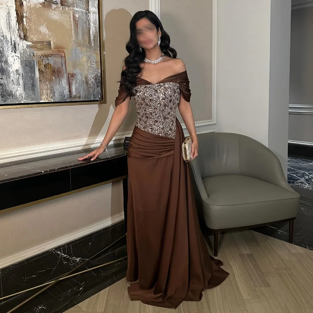 

Customized Matching Charmeuse Sequined Straight Off-the-shoulder Long Dresses Bespoke Occasion Elegant Unisex
