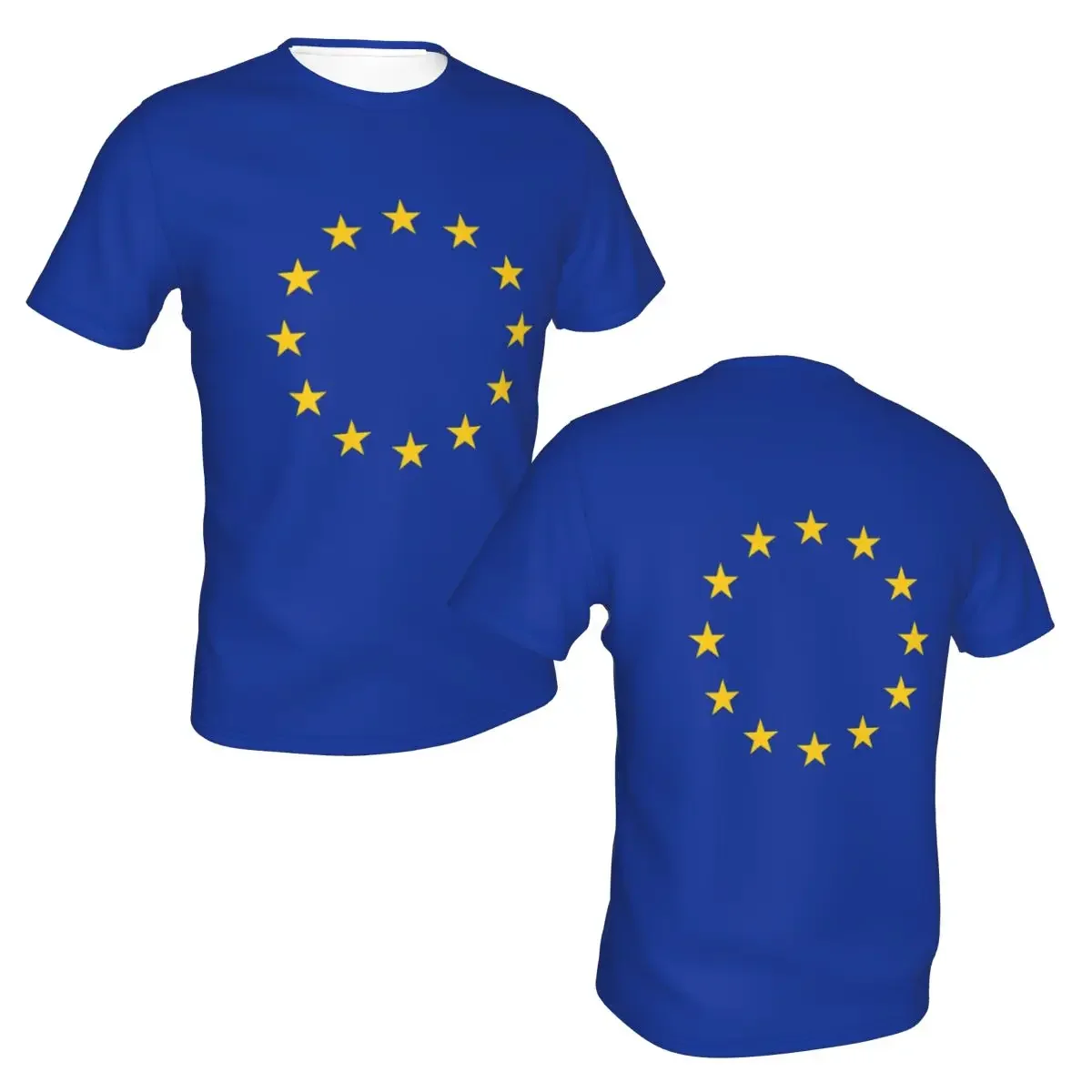 Camiseta Masculina Clássica de Verão com Gola Redonda, Estampa da Bandeira da União Europeia (Estrelas da UE) em Poliéster