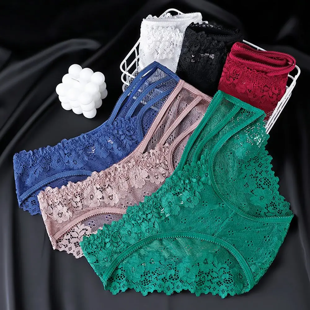 New Women Flower Lace Underwear Sexy Mid-Waist Briefs G String Strap Solid Color Comfortable Female Lingerie T-shape Panties