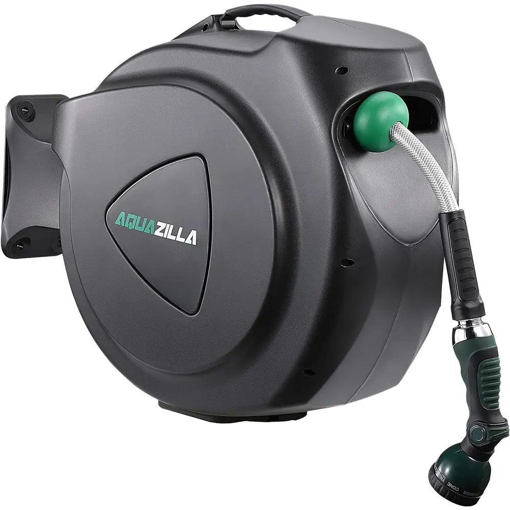 

100ft x 5/8 Retractable Garden Hose with Wall Mount, 180° Swivel, 9 Nozzles, 6ft Leader, Auto Rewind & Lock