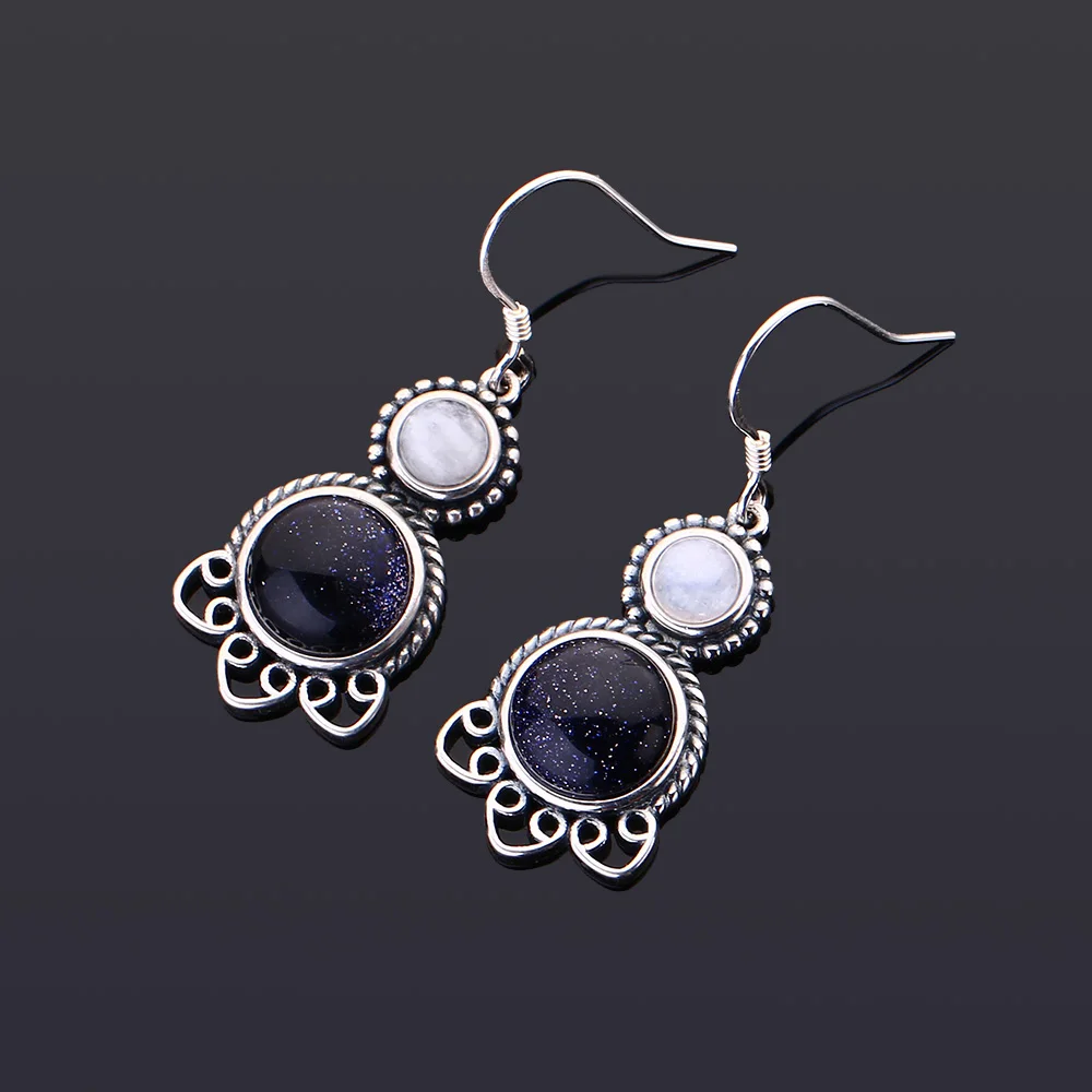 Vintage Earrings 925 Silver Oval 9MM Natural Moonstone Blue Sandstone Earring Retro Cute Cat Party Ear Jewelry for Women Gift