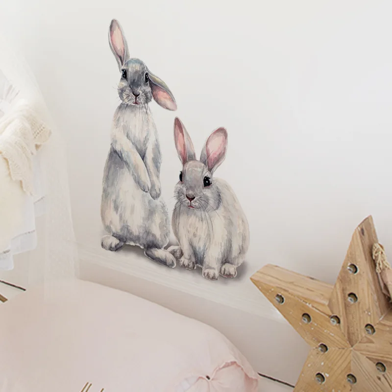 Cute Grey Rabbit Self-adhesive Wall Stickers for Living Room Kids Baby Bedroom Decor Removable Decals Home Decor Art PVC Posters