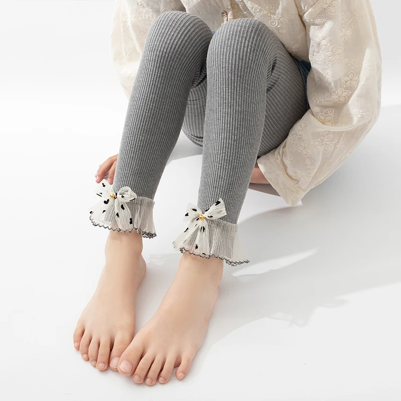Lovely Girls Sweet High Stretch Anti Pilling Nine Point Trousers Sheer Bow Craft Oversized Lace Frill Hem Skin Friendly Leggings