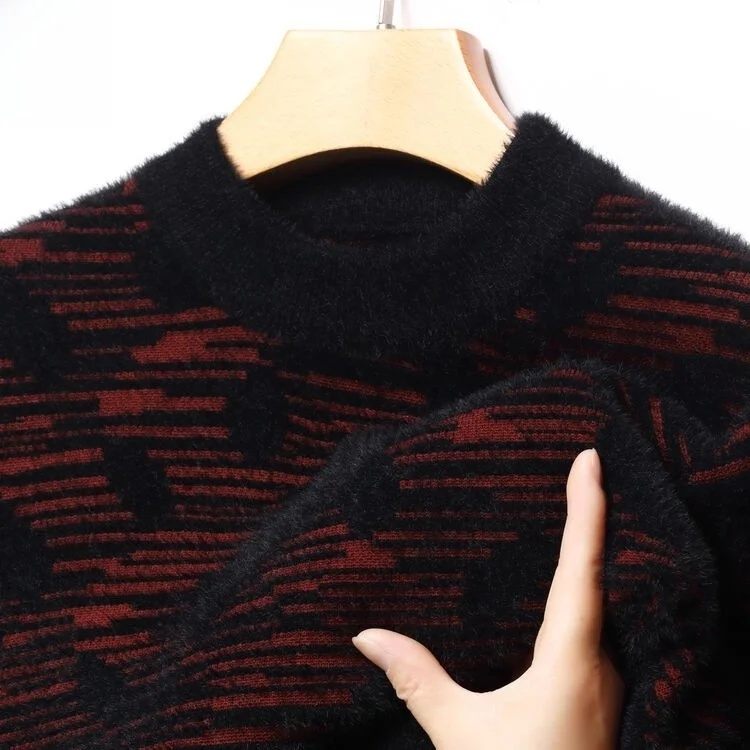 

Мужской свитер из искусственного меха норки, утепленный, с высоким воротником, вязаный, зимний, теплый, с длинными рукавами, в полоску, повседневный стиль