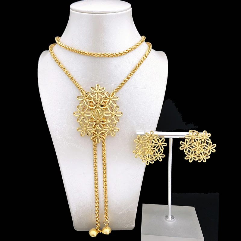 85CM Long Chain Pendant Necklace And Earrings For Women Gold Color Fashion Jewelry Setensemble de bijoux en plaqué or italien