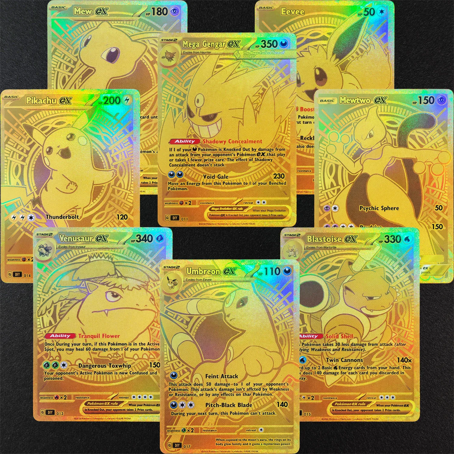 Versión DIY PTCG, Tarjeta Dorada Pokémon en Inglés, Blastoise, Umbreon, Mewtwo, Venusaur, Eevee, Mega Gengar, Juego de Cartas Coleccionables