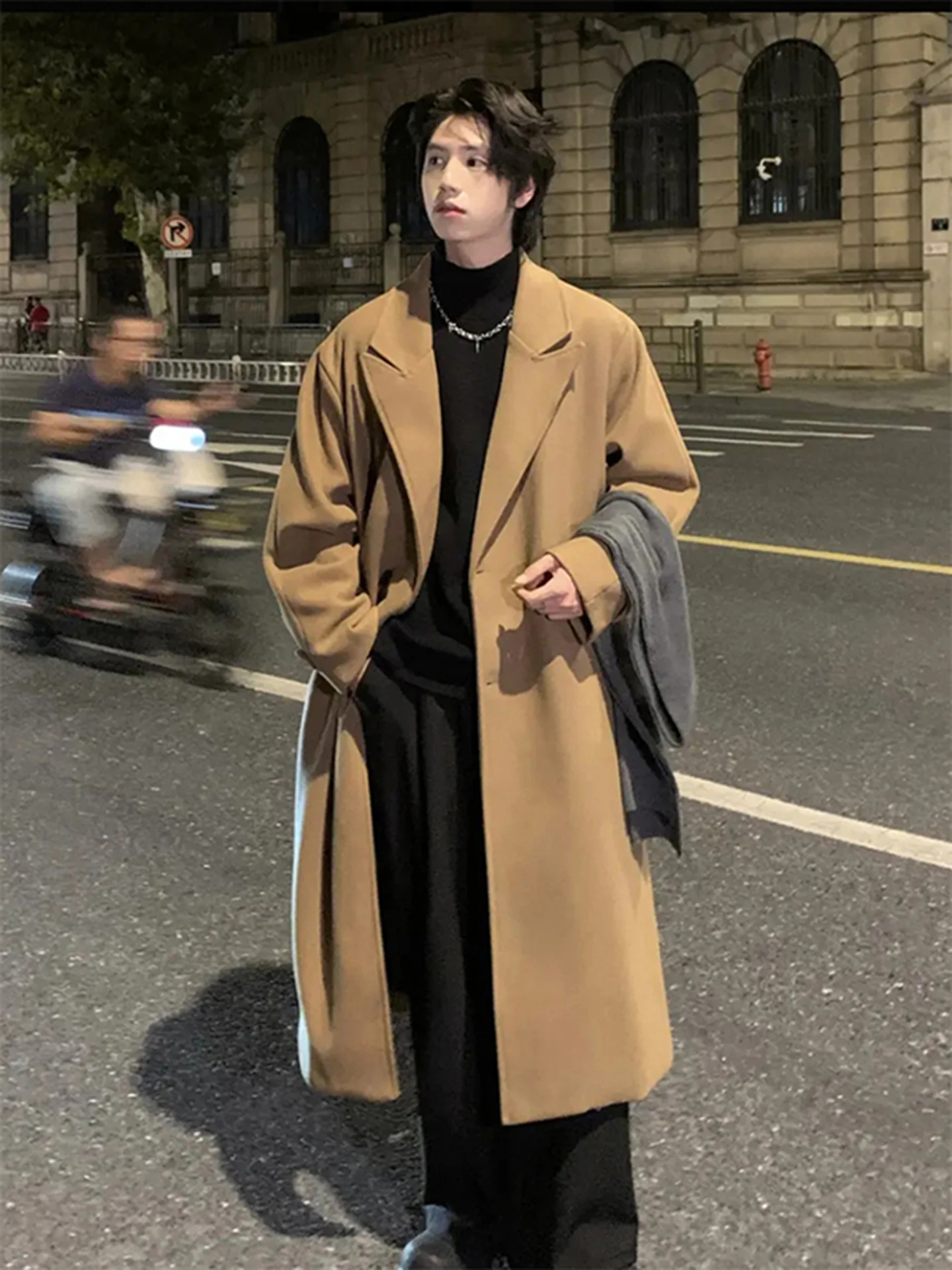 

Brown Thiened Woolen Overcoat Men's Winter High-End Sle Briti Faion Mid-Length Knee-Long Coat Youth Trendy Windbreaker