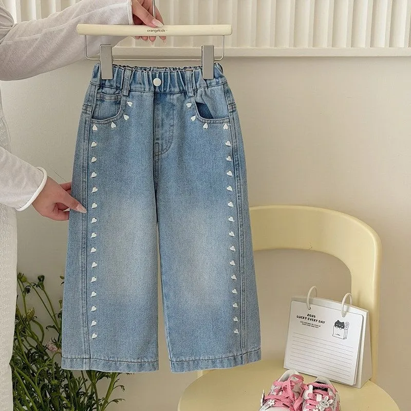 

Girls Denim Jeans Spring Autumn New Children's Mid-Waist Heart Embroidery Straight Leg Wide Pants Fashion Kids Clothing