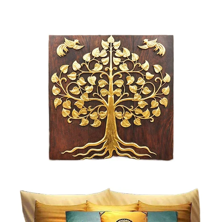 

Thai Wood Carving Decorative Painting Gold Foil Painting Hallway New Chinese Style Solid Wood Carving Wall-Mounted Ornaments