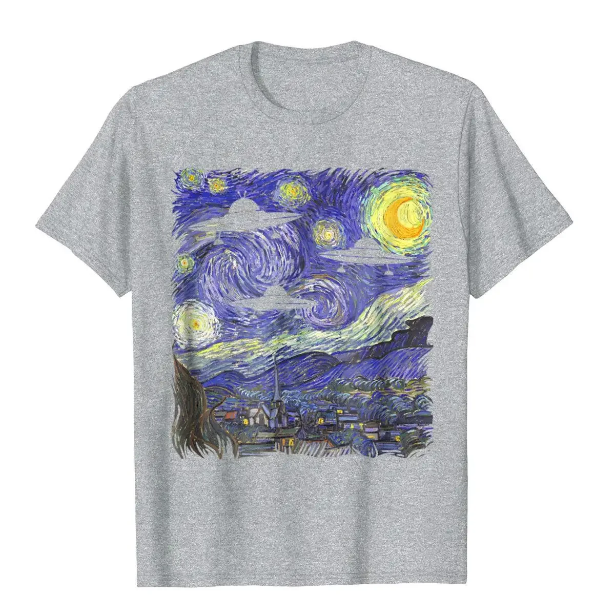 UFO Alien Abduction Starry Night Van Gogh Painting Tee TShirt Cotton Customized T Shirt New Arrival Men T-Shirt Geek