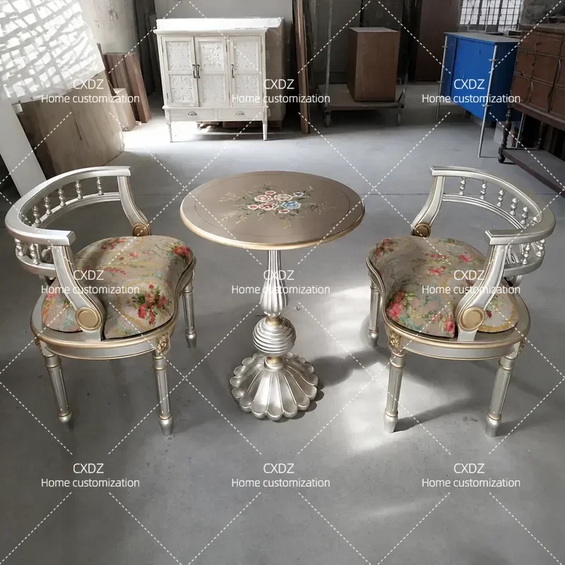 Champagne Silver Solid Wood Sofa Chair Fabric Casual Dining Chair Living Room Balcony One Table Two Chairs Painted Furniture