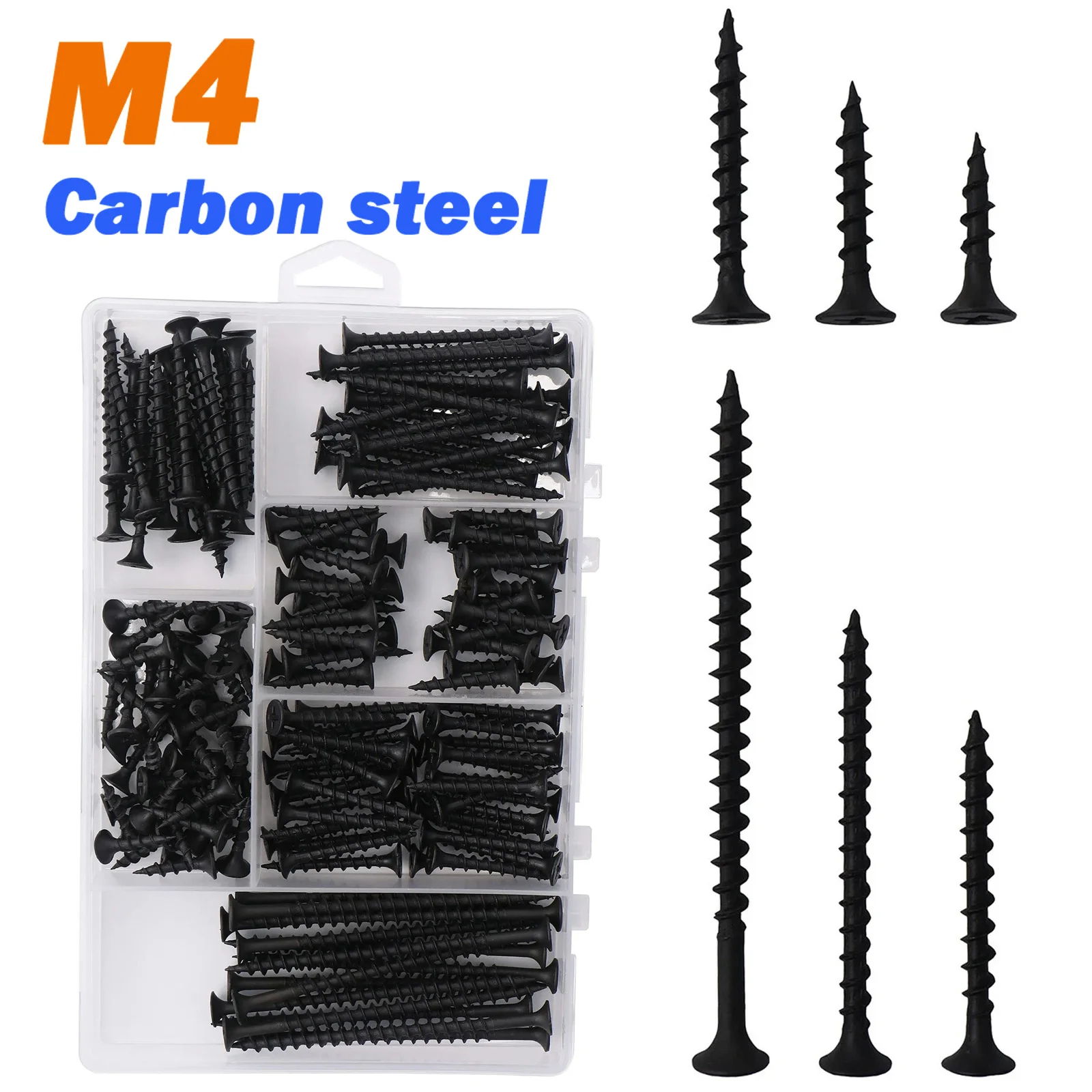 1Box Drywall Screws Assortment Kit M4 Black Carbon steel Phillips Flat Head Wood Screws Set Box for DIY Home Repair Industrial