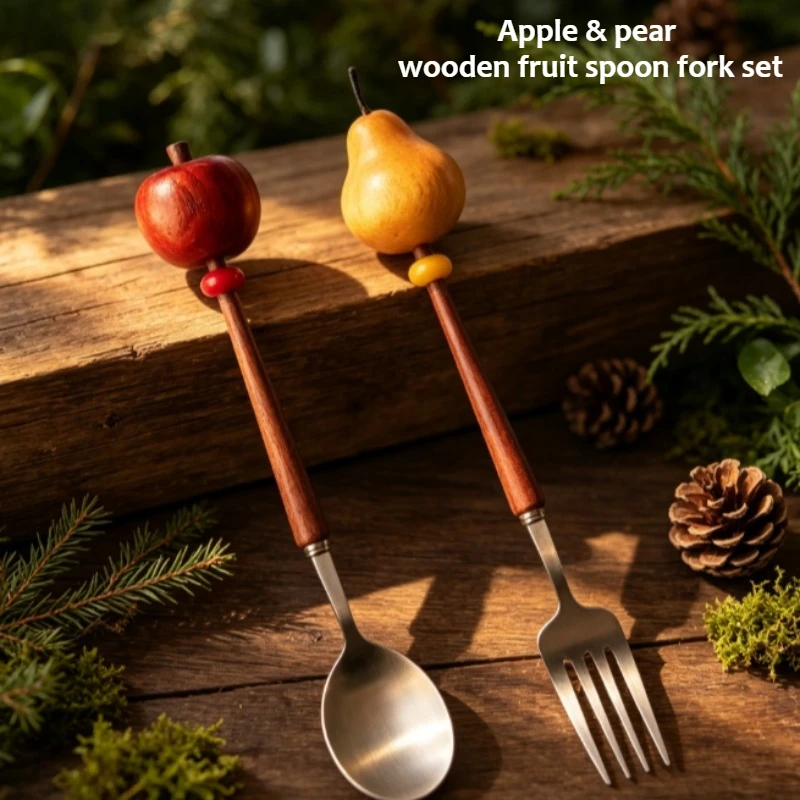 Vintage apple pear fork spoon Cute stainless steel matte senior spoon solid wood handle tableware.