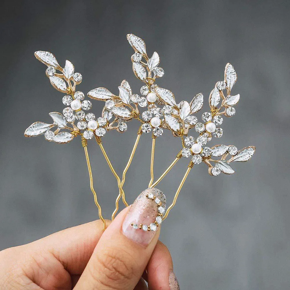 Floralbride Handmade Alloy Rhinestones Pearls Beaded Women Girls Hair Pins Bridal Wedding Hair Sticker Jewelry Hair Accessories