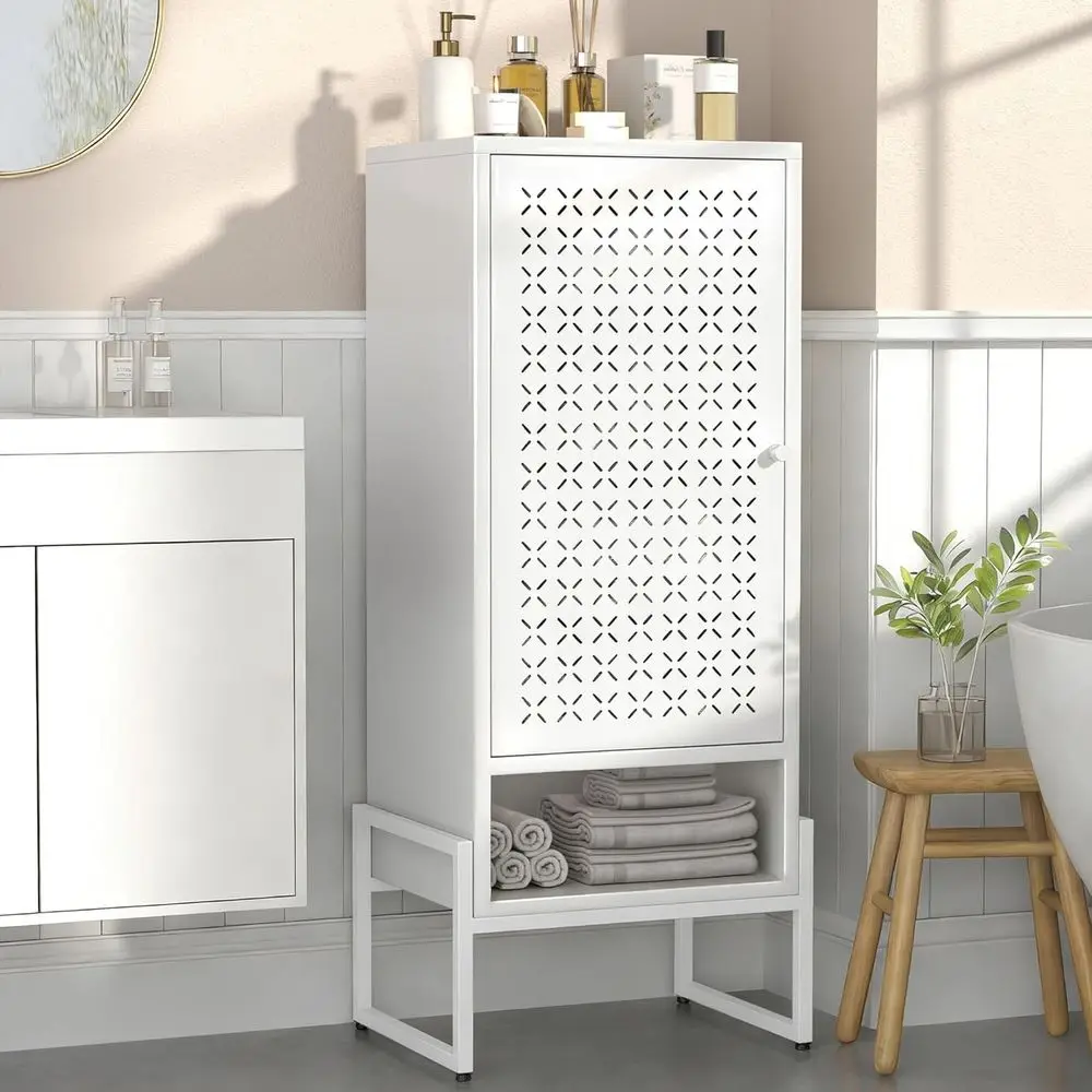 

White Metal Pantry Cabinet with Door, Adjustable Shelves for Kitchen, Living Room, or Entryway Storage
