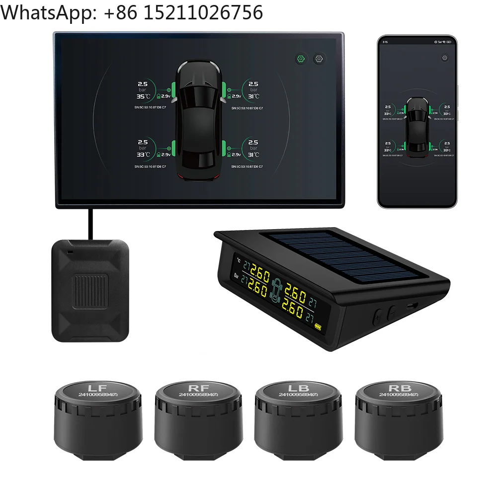 for BLE TPMS Four Tire Pressure Sensors ABS Digital Display Solar Tyre Monitoring System for Android IOS Devices Plastic