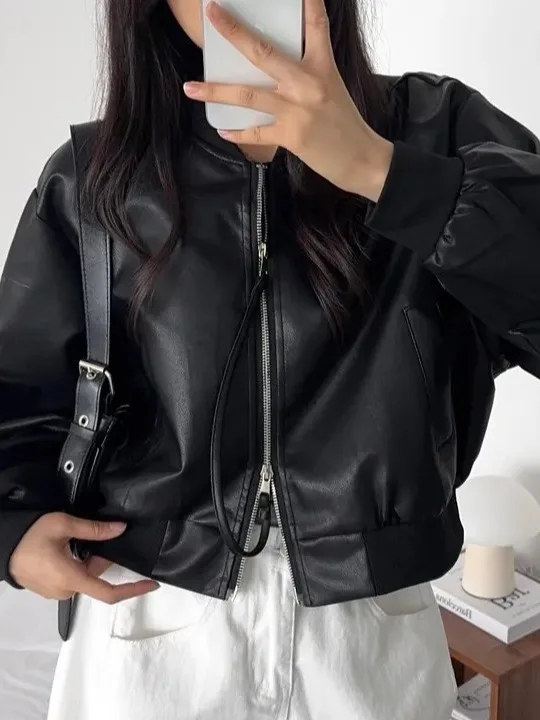 Koreańska kurtka skórzana z podwójnym zamkiem błyskawicznym, damska, wyszczuplająca, uniwersalna, długa bluza na jesień i zimę.