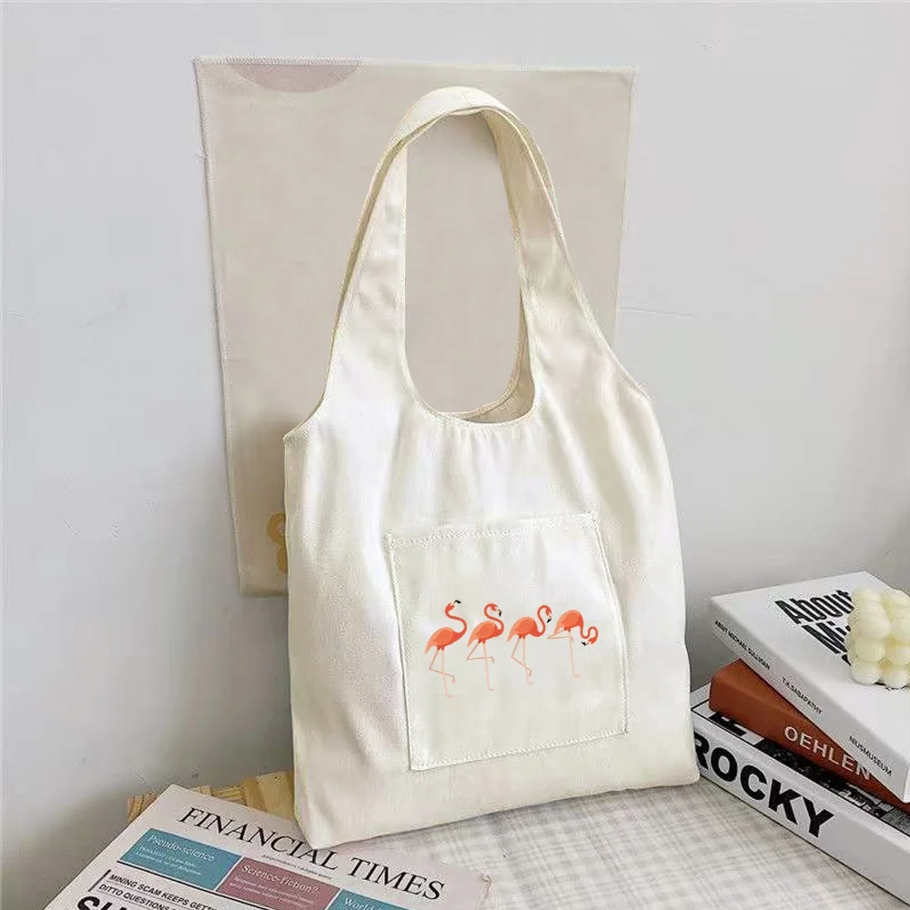 Shopper Flamingo Printed Tote Bag Women Harajuku Shopper Handbag Girl Eco-Friendly Shoulder Shopping Bags Foldable Canvas Bag