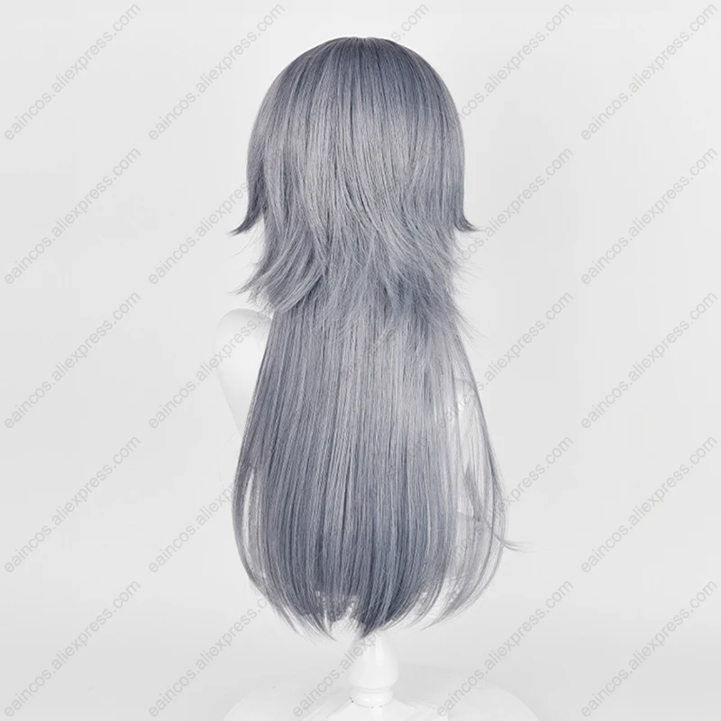 Wig Cosplay logo Arknights 62cm, Wig abu-abu biru panjang rambut sintetis tahan panas