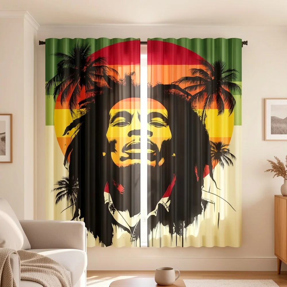 2pcs Reggae Curtains Bob Marley Palm Tree Window Drapes Rasta Music Theme Living Room Decor Vintage Vibe Panel