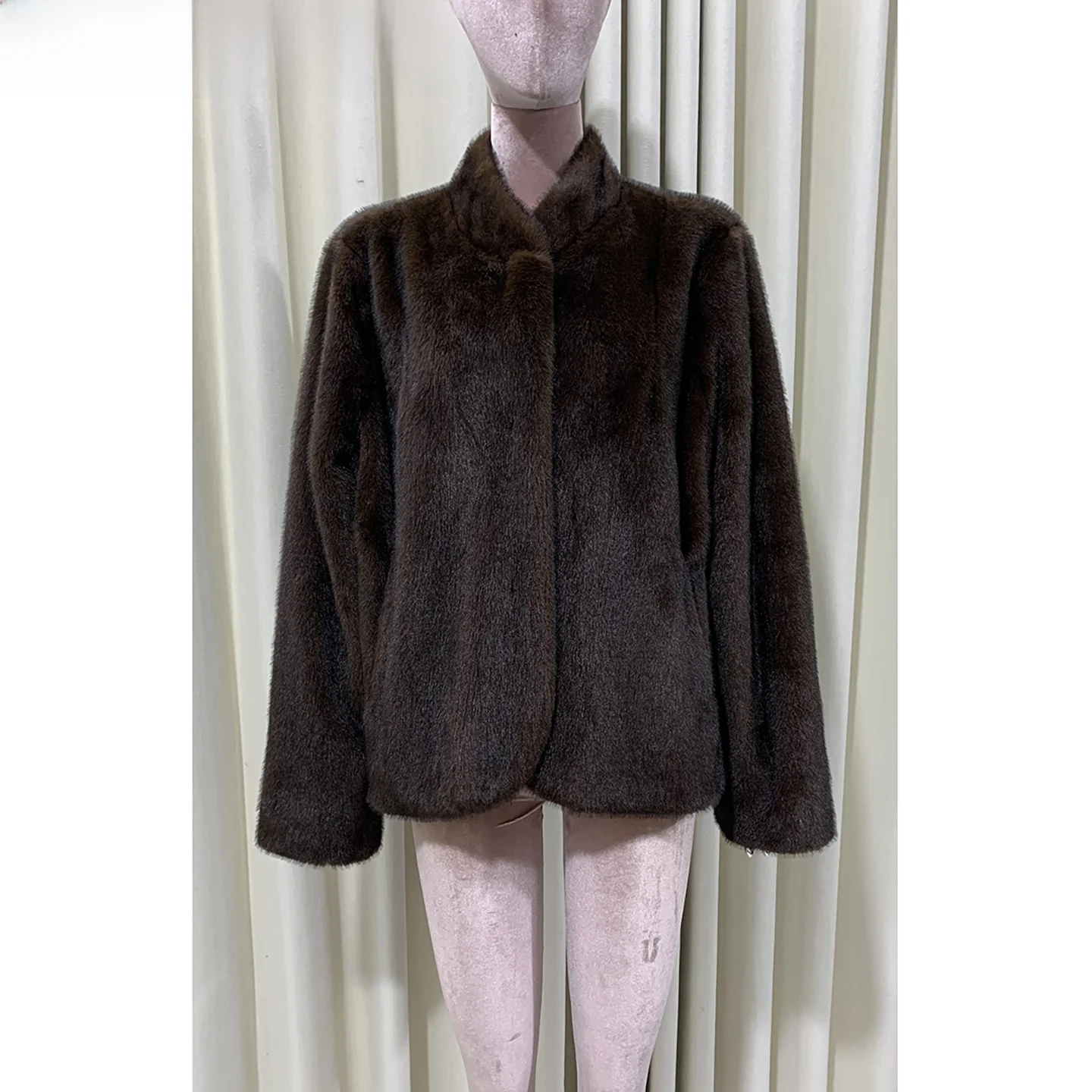 

Nerazzurri ort Stand Collar Long Sve Brown Faux Fur Coat Vintage Sle Warmth Environmentally Friendly Youth Daily Wear