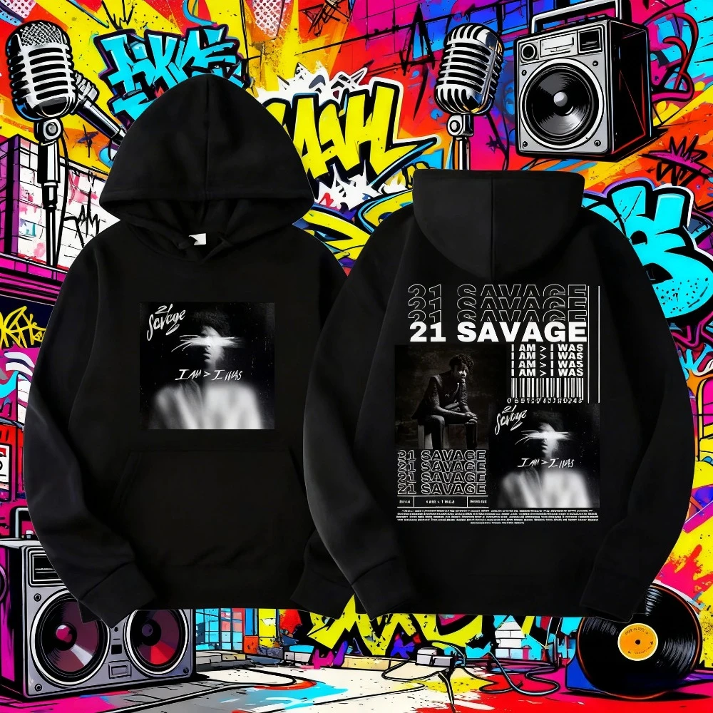 2025 خريف/شتاء مغني الراب 21 سافاج أنا غلاف الألبوم هوديي ذكر الهيب هوب ريترو القطن الدافئة هوديي فضفاض البلوز. #1