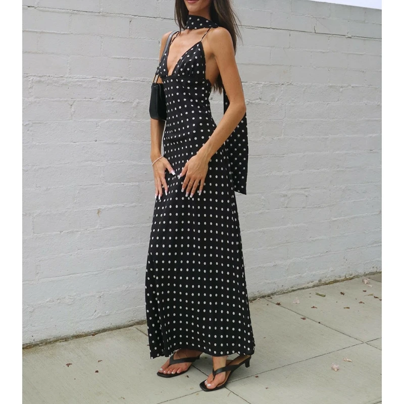Combhasaki Women Y2k Vintage Dots Print Long Cami Slip Dress Summer Backless Spaghetti Strap Sleeveless Ruffle Dress with Scarf