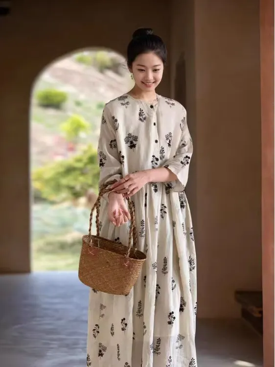 Jupe mi-longue trapèze en coton et lin pour femmes, ample, motif Floral, saison de printemps, tissu imprimé Ne rond, moyen Thi Seven Sve