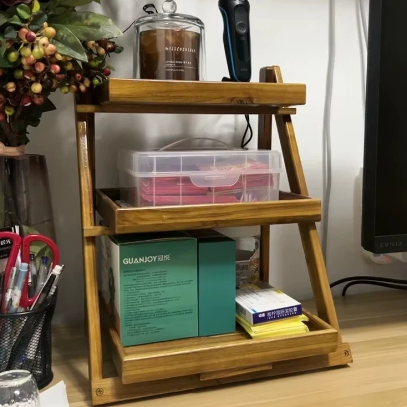 Kitchen Teak Organizer Storage Shelf Foldable Wooden Storage Rack Solid Wood Desktop Stand Multifunctional Space-Saving Holder