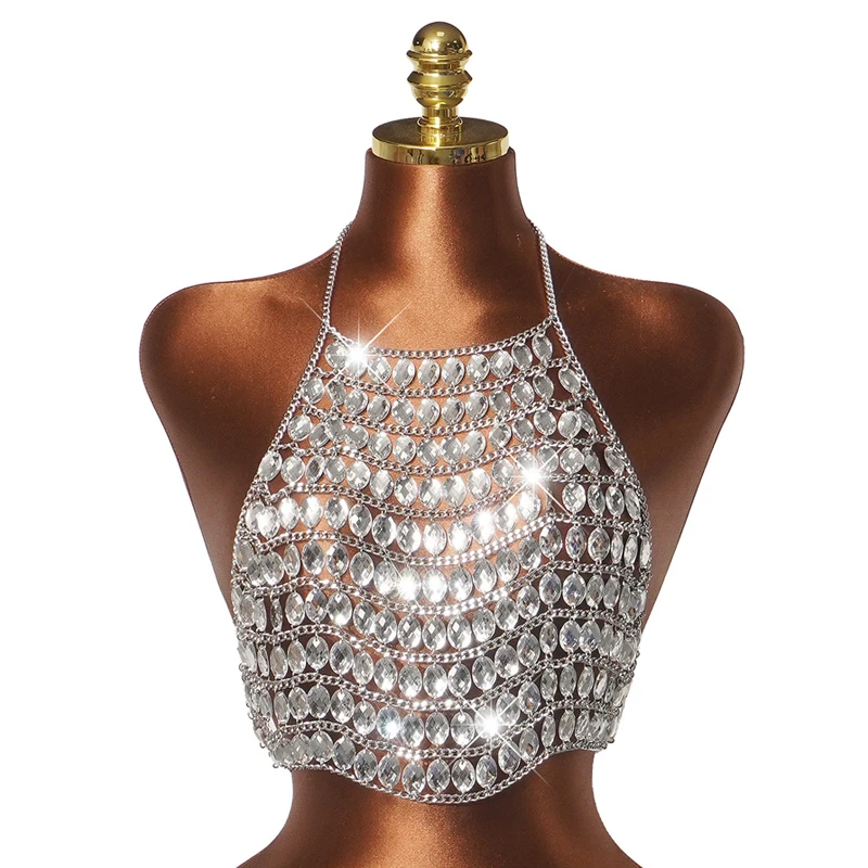 Hochwertiges Damen-Top mit schwarzer Perlenkette, Neckholder, Acryl, mehrlagig, Bustier, Crop-Top, sexy, ausgehöhlt, Nachtclub-Tanktop – Detail 5