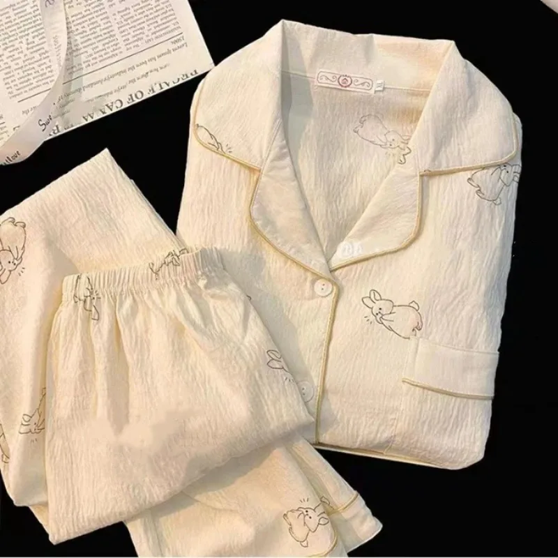 2024 Autumn New Faux Cotton Women Pajama Kawaii Button Cardigan Outfits 2 Piece Set Fashion Rabbit Sweet Pajamas Set for Women