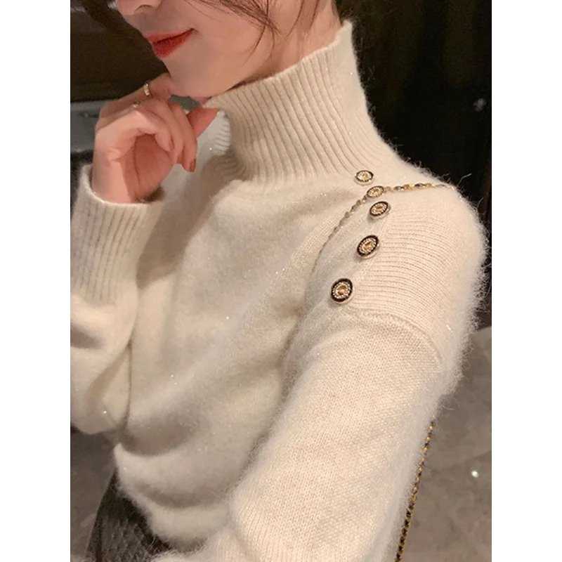 All-match Solid Color Pullover Long Sleeve Women\'s Clothing Autumn Winter High-neck Screw Thread Sweater Knitted Elegant Tops