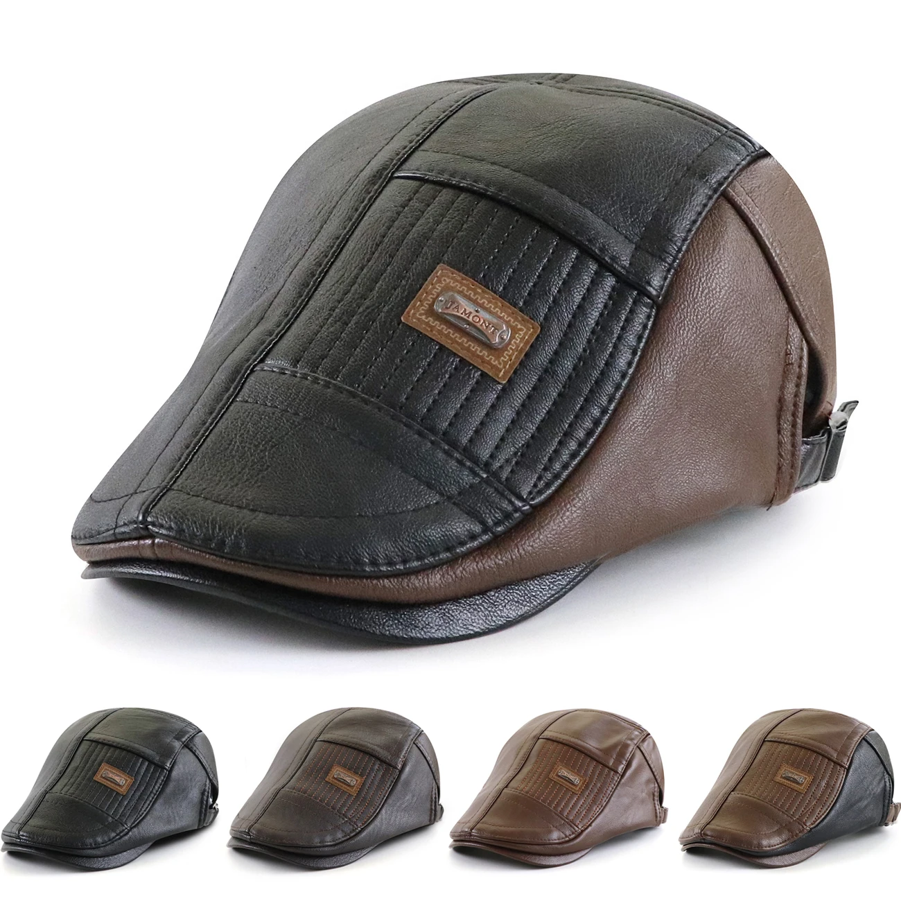 

Retro PU Leather Flat Cap Autumn Winter Man Beret Hat Outdoor Warm Plush Newsboy Peaked Caps Male Adjustable Cabbie Hats