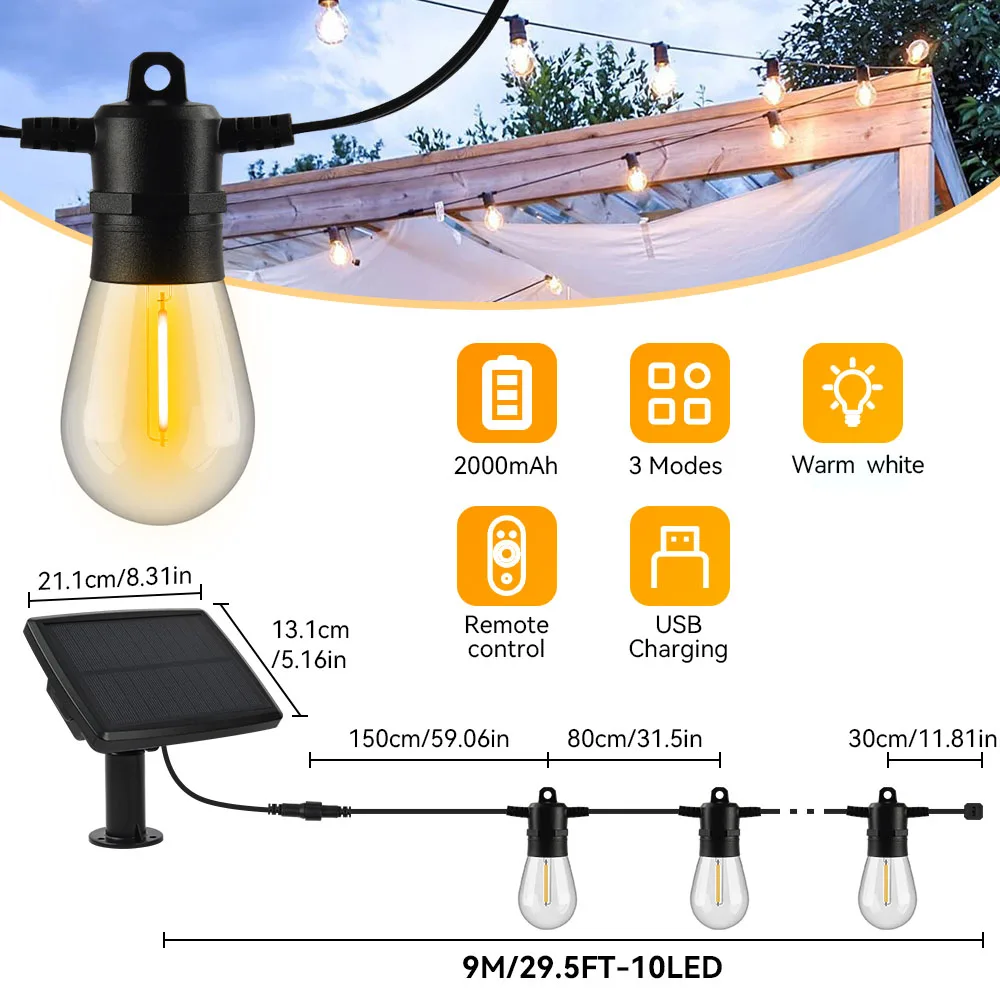 15M Zonne-Licht String S14 Outdoor Led Slinger Light E12 Shatterproof Tuin Patio Bruiloft Achtertuin Decoratie Ip65 Plastics