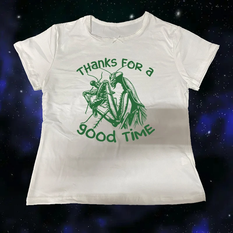 

Готическая модная универсальная тонкая женская футболка, креативные футболки с принтом «Молись богомол» в стиле Харадзюку, винтажный укороченный топ Y2k High Street