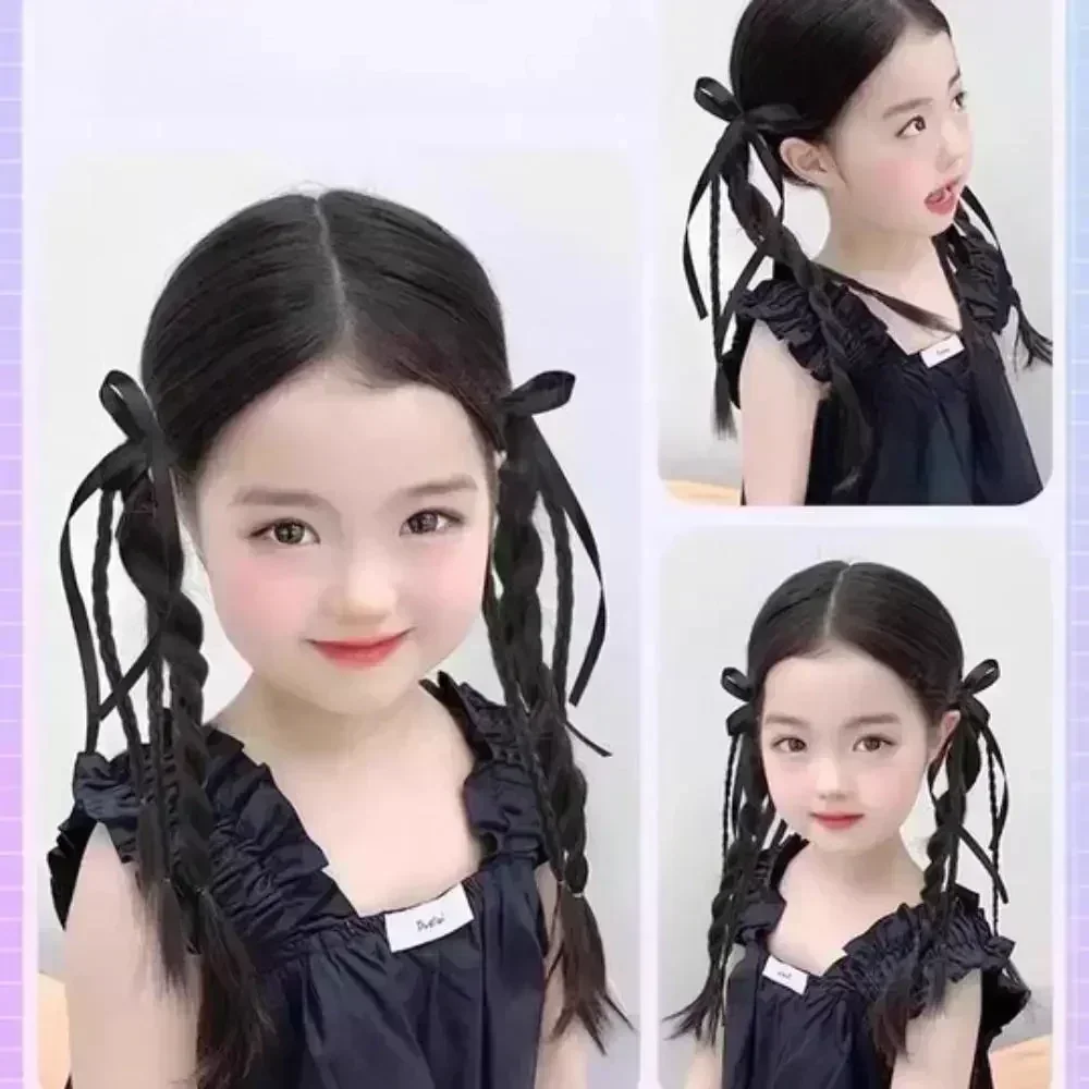 Female synthetic wig 50cm double ponytail ribbon bowknot wig 2PC ball Head wig Extension kid Girl Gentle Versatile Hairstyle