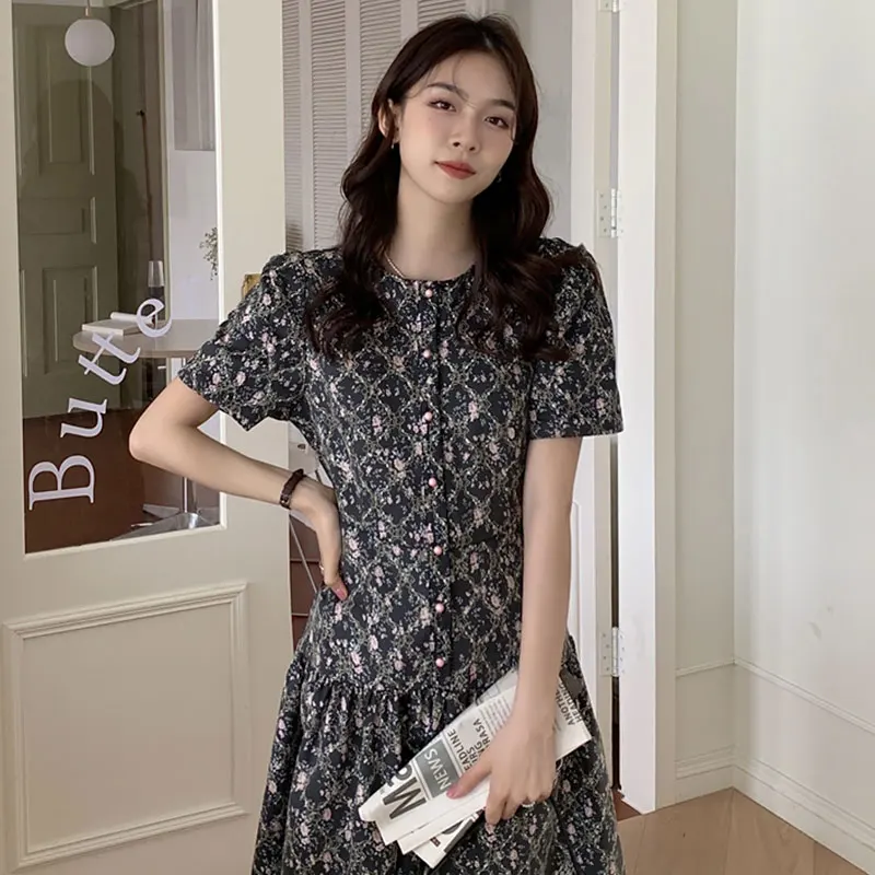 Chic Summer New Gentle round Ne Single Button Waist Inward Bubble Sve Floral Print Women's Dr Korean Sle High Waist...