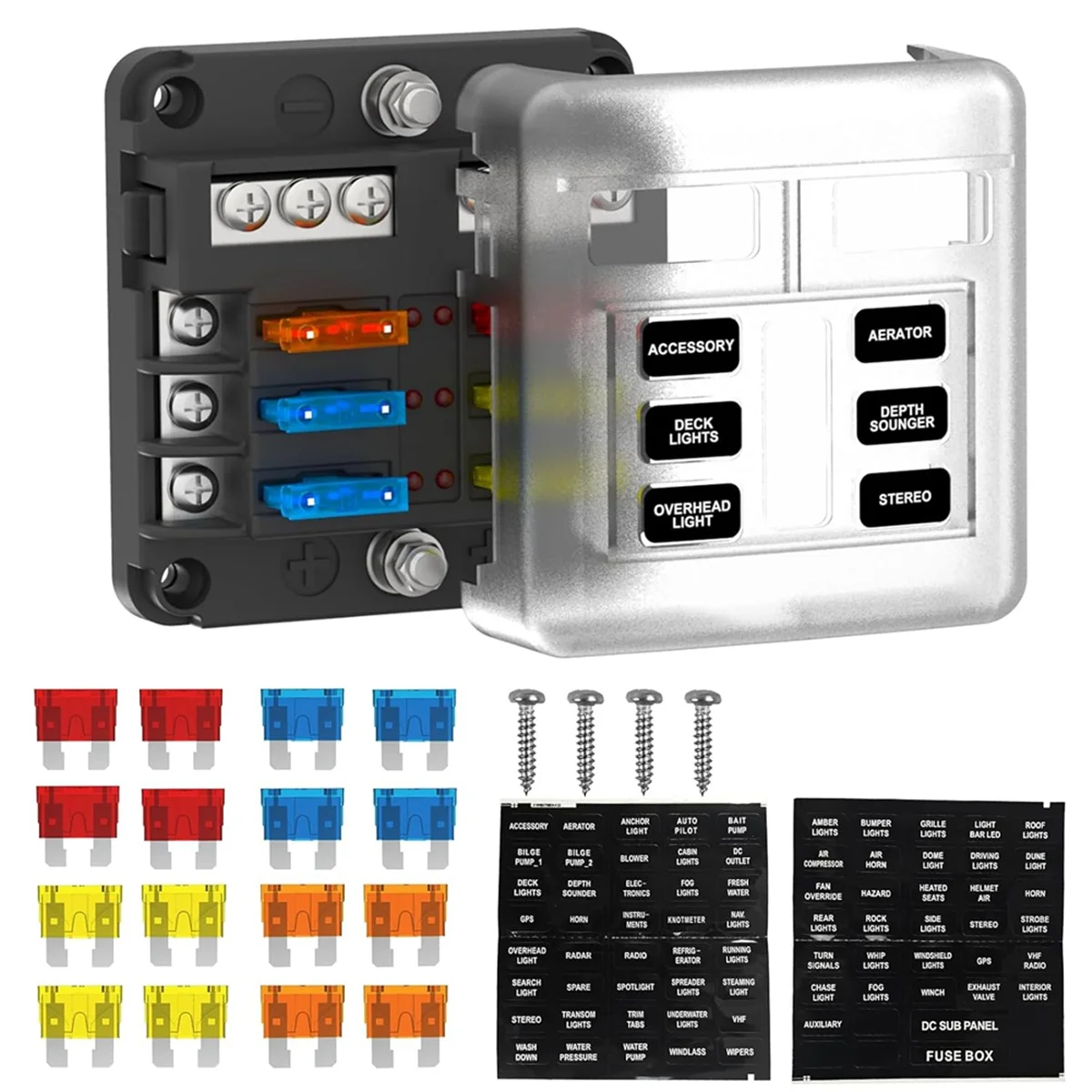 A83Z 6 Way Fuse Block Box 12V/24V DC, ATC/ATO Fuse Panel with LED Indicator for Marine Boat Automotive Motorcycle