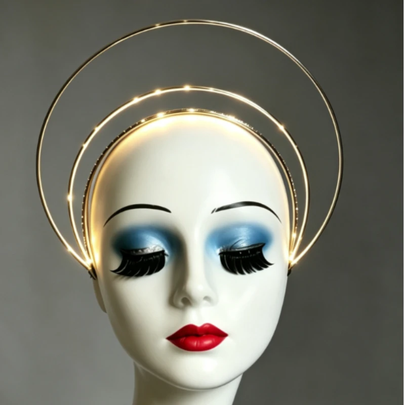 LED Halo Headband, Double Layer Gold Silver Metal, Warm White Glow, Angel Halo Hair Accessory for Halloween Cosplay Photoshoot