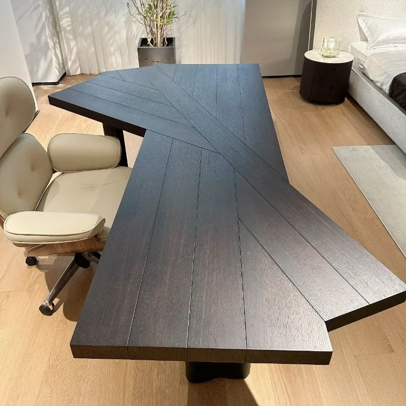 Escritorio de madera maciza, mesa larga moderna para ordenador de registro con forma especial, banco de trabajo