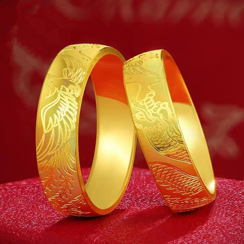 9999 24K Real Gold Men's and Women's Carved Closed Ring CNC Dragon and Phoenix Auspicious Ring Couple Ring