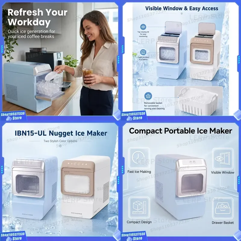 New 15KG Ice Makers Countertop with Handle, Portable Ice Machine Nugget Ice Auto-Cleaning with Basket and Scoop for Home