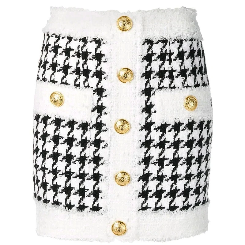 2023 HIGH QUALITY Newest Fall Winter Baroque Designer Women's Fringed Lion Buttons Houndstooth Tweed Mini Skirt