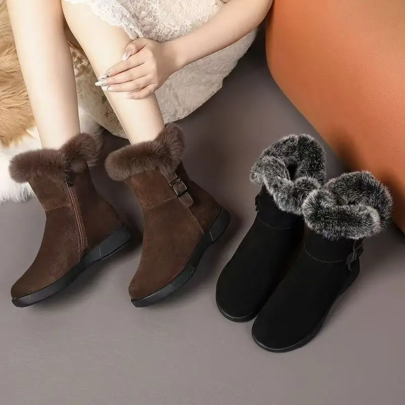 

Winter New Fashionable Casual Women's Round Head Flat Bottom Thick Fur Side Zipper Women's Snow Boots Cotton Shoes Versatile