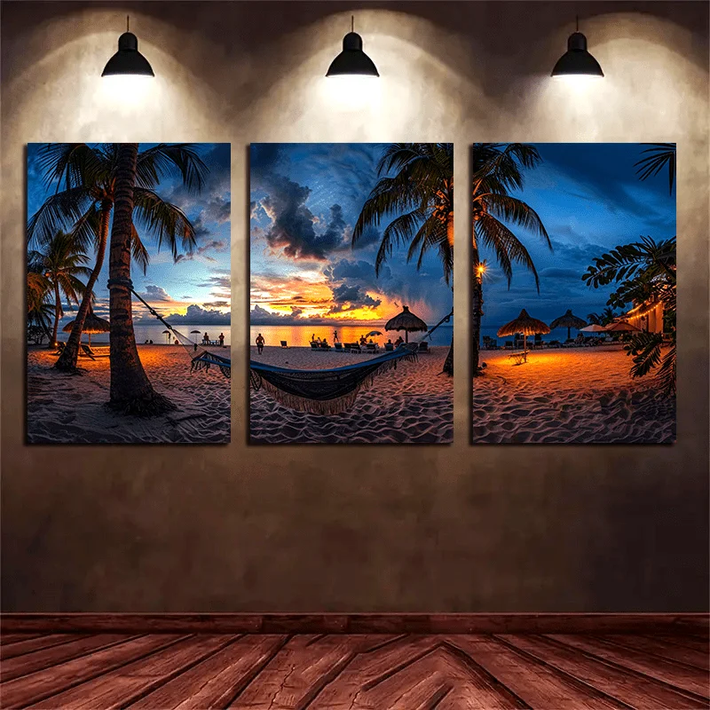 3pcs tropical beach photos with palm trees and hammocks, sunset themed wall art interior The perfect gift for him/her for Val
