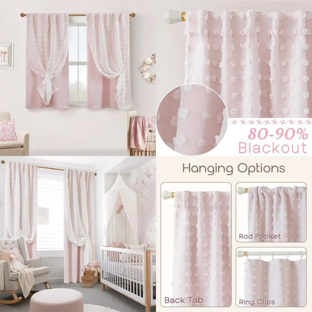 

Розовые и белые двухслойные прозрачные шторы в богемном стиле с отделкой помпонами для конфиденциальности в спальне