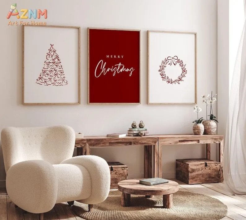 3PCS Red White Christmas Tree Wreath Merry Christmas Canvas Wall Art Unframed Minimalist Holiday Home Decor Prints